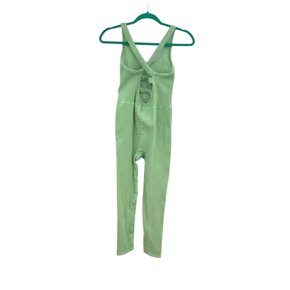 Free People Free Throw Onesie Jumpsuit Ribbed Seamless Green‎ Size Large